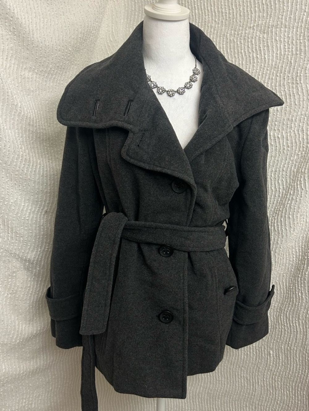 Esprit Y2K Gray Wool Blend Pea Coat L Belted Cropped Jacket Vintage 2000s